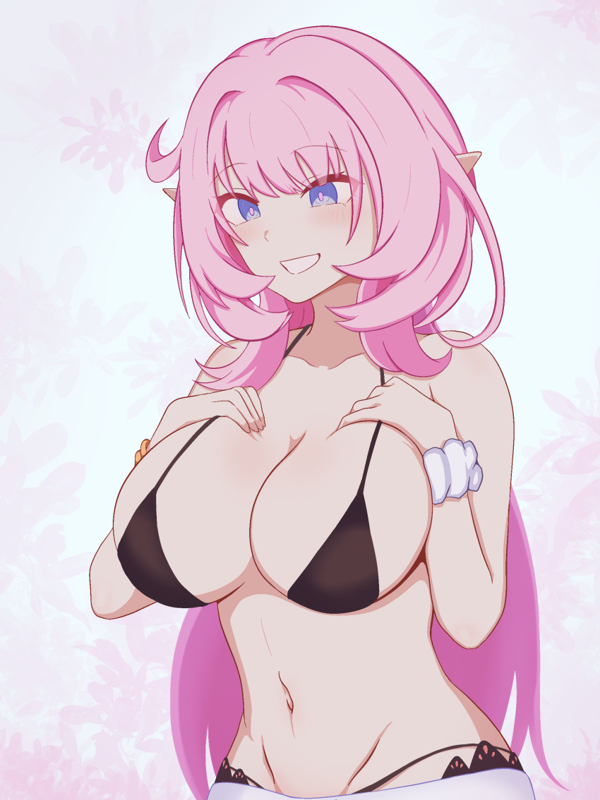 absurdres bare_shoulders bikini black_bikini blue_eyes breasts elf elysia_(honkai_impact) elysia_(miss_pink_elf)_(honkai_impact) female floral_background groin hair_between_eyes headband highres honkai_(series) honkai_impact_3rd huge_breasts jewelry long_hair milliani navel necklace open_mouth pearl_necklace pink_hair pointy_ears smile solo stomach swimsuit teeth upper_body white_headband