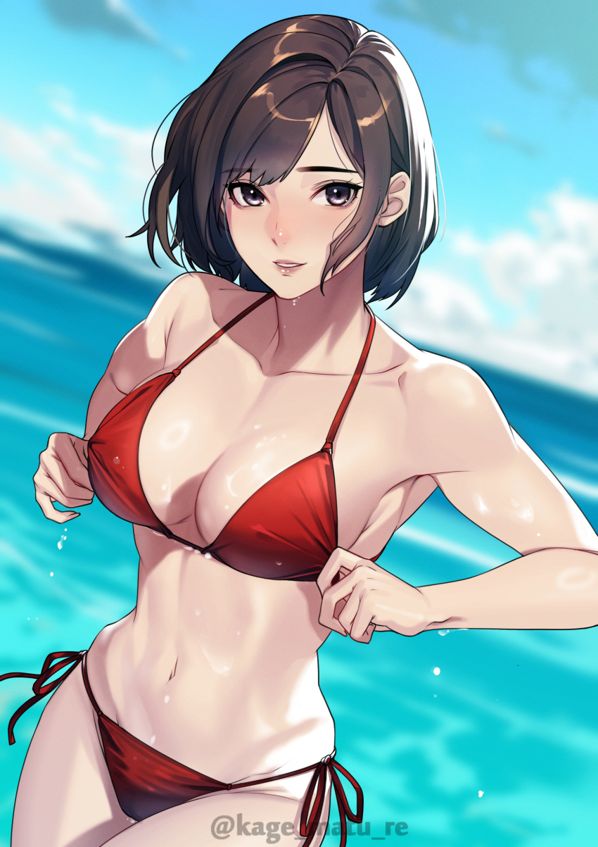 absurdres artist_name bare_arms bikini black_eyes blue_sky blurry blurry_background blush breasts brown_hair cleavage cloud cloudy_sky collarbone commentary_request female highres horizon kagematsuri looking_at_viewer mature_female medium_breasts navel ocean one_side_up original outdoors red_bikini short_hair side-tie_bikini_bottom sky smile solo stomach swimsuit wet