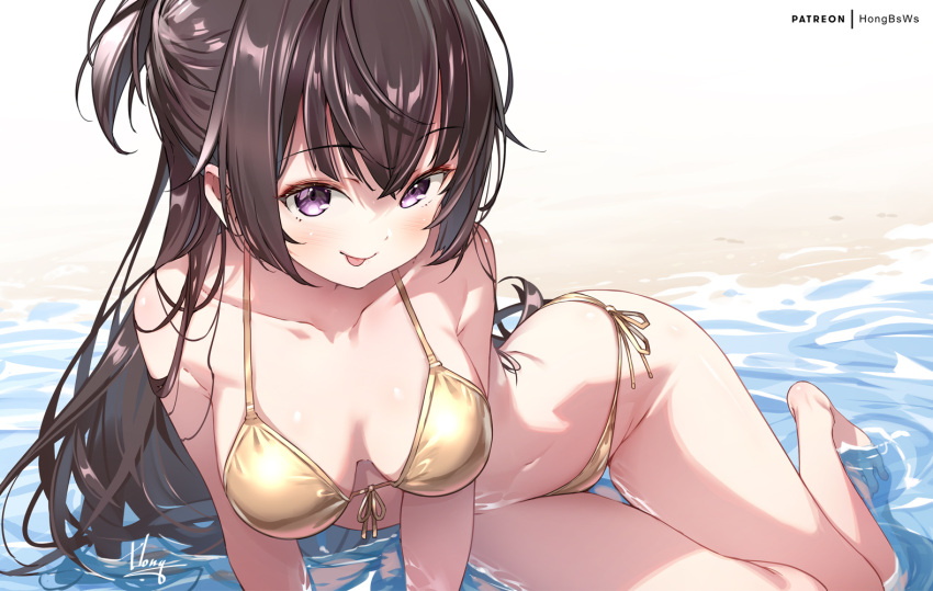 :p beach bikini breasts brown_hair female gold_bikini hong_(white_spider) long_hair looking_at_viewer medium_breasts patreon_username purple_eyes side-tie_bikini_bottom solo suou_yuki swimsuit tokidoki_bosotto_roshia-go_de_dereru_tonari_no_alya-san tongue tongue_out