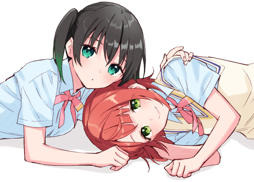 2girls arm_support black_hair blue_shirt blunt_bangs bow bowtie closed_mouth collared_shirt commentary dress_shirt gradient_hair green_eyes green_hair hair_between_eyes hand_in_own_hair hand_on_another's_shoulder highres hijiki_(hijikini) light_blush looking_at_viewer love_live! love_live!_nijigasaki_high_school_idol_club lying multicolored_hair multiple_girls neck_ribbon nijigasaki_school_uniform on_side on_stomach parted_lips pink_bow pink_bowtie pink_ribbon red_hair ribbon school_uniform shirt short_hair short_sleeves simple_background smile sweater_vest takasaki_yu twintails two-tone_hair uehara_ayumu upper_body white_background