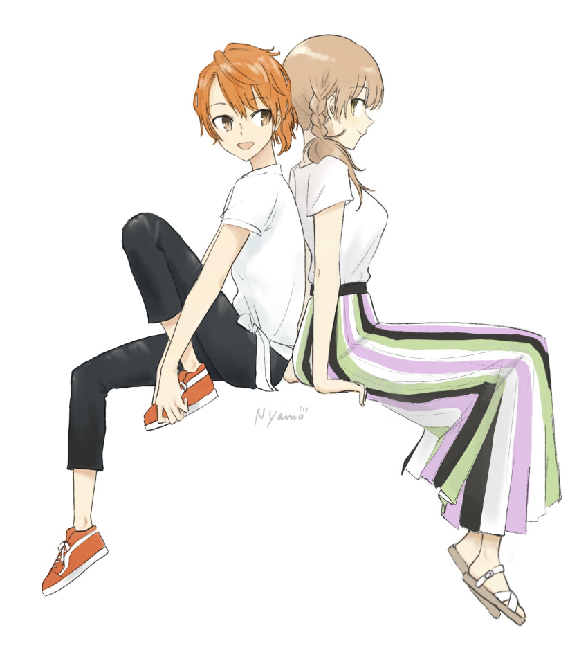 2girls back-to-back blonde_hair couple dress edamoto_haru happy highres looking_at_another multiple_girls nyamo open_mouth orange_hair saeki_sayaka sandals shirt shoes simple_background smile sneakers tongue watermark white_shirt yagate_kimi_ni_naru yagate_kimi_ni_naru:_saeki_sayaka_ni_tsuite yuri