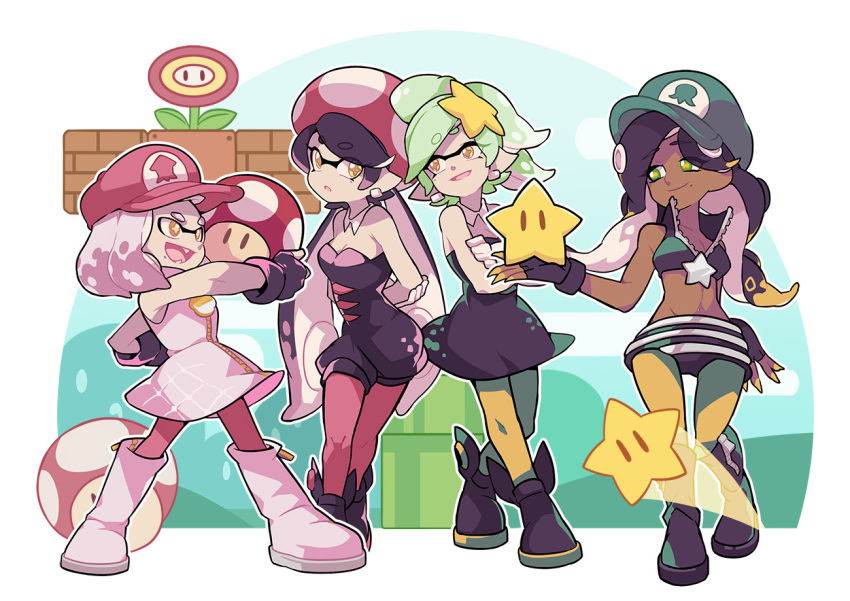 4girls callie_(splatoon) cephalopod_eyes crop_top dark_skin dark_skinned_female fangs fire_flower hat marie_(splatoon) marina_(splatoon) mario_(series) midriff mole mole_under_mouth multiple_girls navel pantyhose pearl_(splatoon) power-up short_shorts shorts smile splatoon_(series) splatoon_1 splatoon_2 star_(symbol) starman_(mario) suction_cups super_mario_bros. super_mushroom tentacle_hair wong_ying_chee zipper_pull_tab