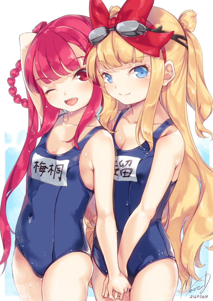 2girls :d beatmania_iidx blonde_hair blue_eyes blush bow breasts cleavage goggles hairbow highres himmel_(beatmania_iidx) holding_hands long_hair looking_at_viewer maremay0513 multiple_girls name_tag one-piece_swimsuit one_eye_closed open_mouth pink_hair red_eyes school_swimsuit smile swimsuit umegiri_ameto