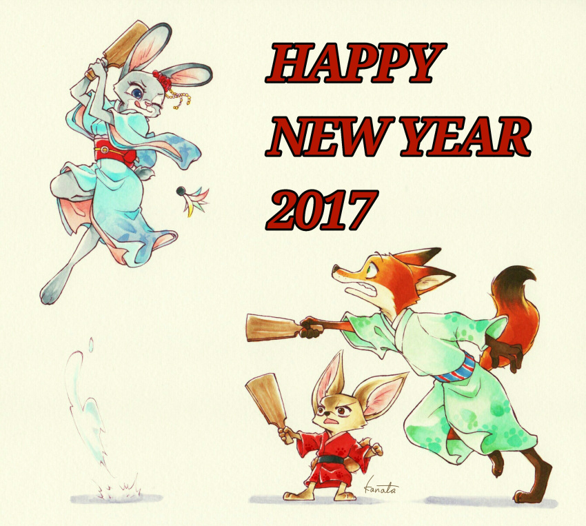 2017 absurd_res action_pose anthro asian_clothing barefoot brown_eyes canid canine clothing dipstick_tail disney east_asian_clothing english_text feet female fennec_fox finnick_(zootopia) fox green_eyes group hi_res holding_object holidays inner_ear_fluff japanese_clothing judy_hopps jumping kanata kimono lagomorph leporid madkanatan male mammal markings multicolored_tail new_year nick_wilde one_eye_closed open_mouth paddle pose purple_eyes rabbit red_fox running simple_background size_difference standing tail tail_markings text tongue tongue_out true_fox tuft zootopia