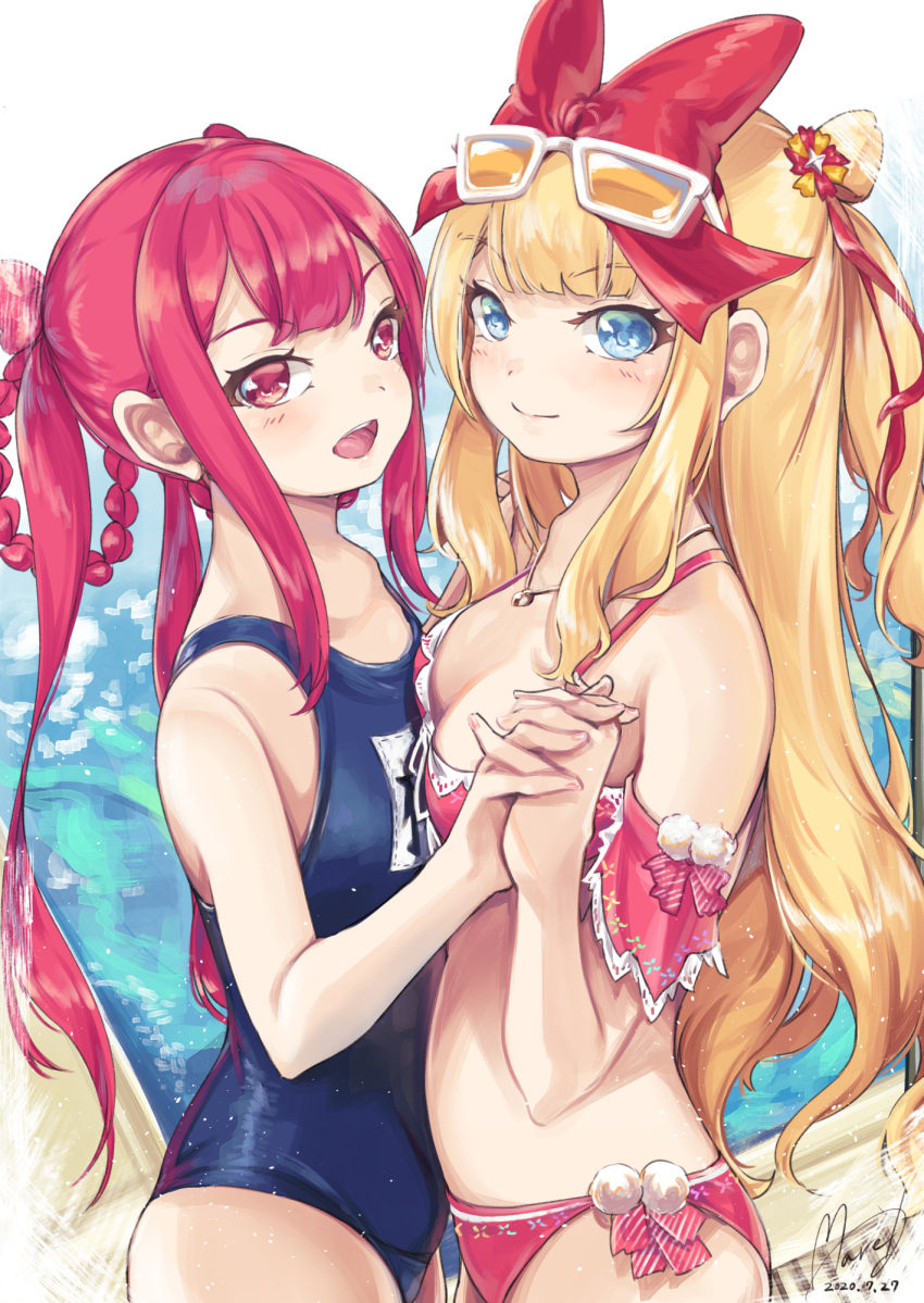 2girls :d beatmania_iidx bikini blonde_hair blue_eyes blush bow breasts cleavage flat_chest hairbow highres himmel_(beatmania_iidx) holding_hands long_hair looking_at_viewer maremay0513 multiple_girls name_tag one-piece_swimsuit open_mouth pink_eyes pink_hair red_bikini school_swimsuit sidelocks small_breasts smile swimsuit umegiri_ameto yuri