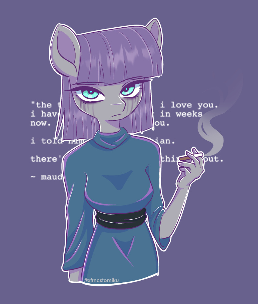 5_fingers anthro bangs breasts cigarette clothing digital_media_(artwork) earth_pony english_text equid equine eyelashes female fingers friendship_is_magic grey_body hair hasbro hi_res holding_object horse humanoid_hands looking_at_viewer mammal maud_pie_(mlp) my_little_pony pony purple_background purple_hair purple_inner_ear running_makeup signature simple_background smoking solo text xfrncstomiku