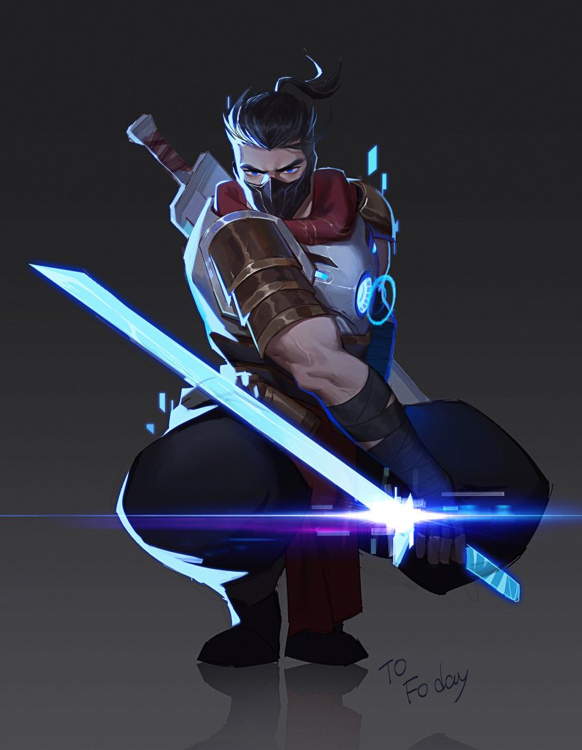 1boy amo_(amo9612) armor bandages black_hair blue_eyes boots buzz_cut chest_armor chest_plate glowing glowing_weapon highres league_of_legends looking_at_viewer male_focus manly mask muscular muscular_male pants ponytail pulsefire_shen scar shen_(league_of_legends) short_hair shoulder_armor shoulder_pads solo squatting sword thick_arms veins veiny_arms very_short_hair weapon