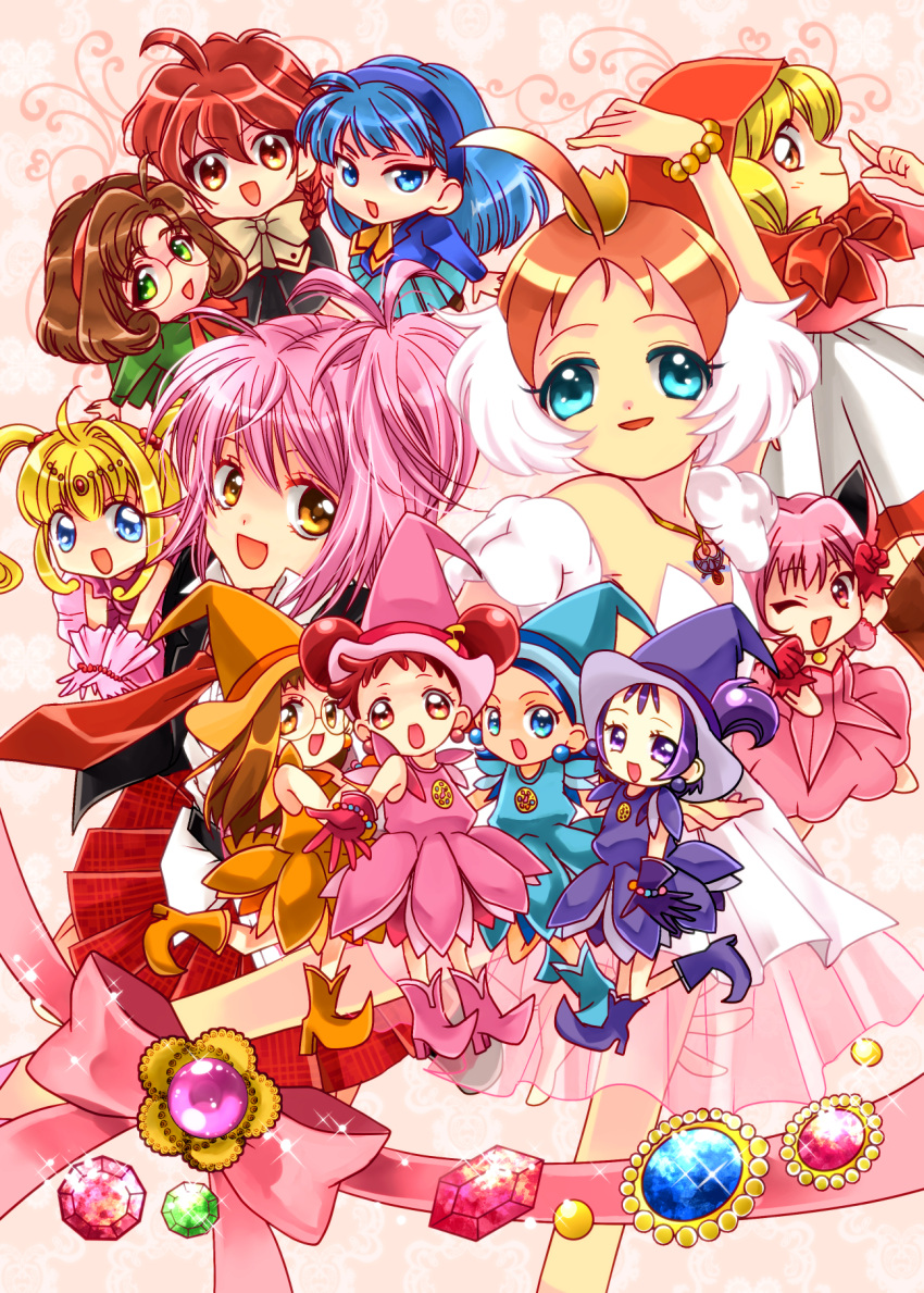 6+girls :d ;d ahoge akazukin_chacha animal_ears black_skirt blue_dress blue_eyes blue_footwear blue_gemstone blue_hair blue_hairband blue_headwear blue_skirt boots braid brown_eyes brown_hair cat_ears chacha_(akazukin_chacha) chibi commentary_request crossover crown double_bun dress earrings fujiwara_hazuki gem glasses gloves green_eyes green_gemstone hair_bun hairband happy harukaze_doremi hat hayakawa_sashimi highres hinamori_amu hood hood_up hououji_fuu index_finger_raised jewelry leg_up long_hair looking_at_viewer magic_knight_rayearth magical_girl mermaid_melody_pichi_pichi_pitch mew_ichigo momomiya_ichigo multiple_crossover multiple_girls nanami_lucia ojamajo_doremi one_eye_closed one_side_up orange_dress orange_footwear orange_gloves orange_hair orange_headwear pink_dress pink_footwear pink_gemstone pink_gloves pink_hair pink_headwear pleated_skirt princess_tutu princess_tutu_(character) purple_dress purple_eyes purple_footwear purple_gloves purple_hair purple_headwear red_eyes red_gemstone red_gloves red_hair red_hairband red_hood round_eyewear ryuuzaki_umi school_uniform segawa_onpu senoo_aiko shidou_hikaru short_hair shugo_chara! skirt smile tokyo_mew_mew witch_hat yellow_eyes