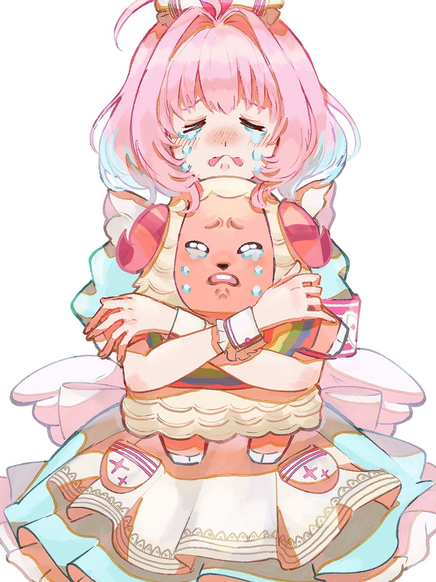 1boy ahoge animal animal_crossing aqua_hair blush closed_eyes crossover crying dom_(animal_crossing) dress female frilled_dress frills hair_intakes hamachamu highres holding horns idolmaster idolmaster_cinderella_girls multicolored_hair open_mouth pink_eyes pink_hair pocket sheep sheep_horns short_hair short_sleeves simple_background tears two-tone_hair white_background wrist_cuffs yumemi_riamu