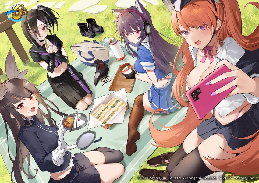 4girls amagasa_yun animal_ears ashigara_(azur_lane) azur_lane black_choker black_hair black_shirt black_skirt bow bowtie bra breasts brown_hair cellphone choker cleavage company_name cropped_shirt day fingernails food full_body gloves grass haguro_(azur_lane) hair_ornament hairclip hat head_wings headphones holding holding_food jacket large_breasts loafers logo long_hair long_sleeves medium_breasts midriff mole mole_under_eye multiple_girls myoukou_(azur_lane) nachi_(azur_lane) nail_polish navel official_art open_mouth outdoors panties phone picnic pleated_skirt purple_eyes red_eyes sailor_collar school_uniform second-party_source selfie shirt shoes short_sleeves side_ponytail simple_background single_thighhigh sitting skirt smartphone smile thighhighs underwear very_long_hair white_gloves white_shirt wings wolf_ears