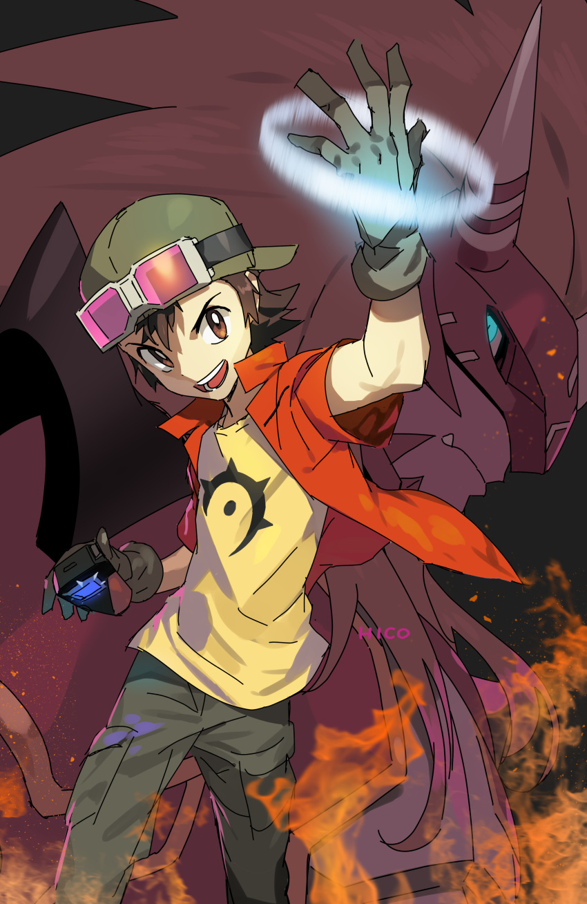 1boy absurdres agnimon blue_eyes blue_pupils brown_eyes brown_gloves brown_hair bum_hico closed_mouth commentary digimon digimon_(creature) digimon_frontier digivice fire gloves glowing glowing_eye goggles goggles_on_headwear hat highres holding horned_mask horns jacket kanbara_takuya long_hair male_focus mask oerba_yun_fang open_clothes open_jacket open_mouth pink-tinted_eyewear red_jacket red_theme shirt signature slit_pupils smile solo teeth tinted_eyewear tongue yellow_shirt