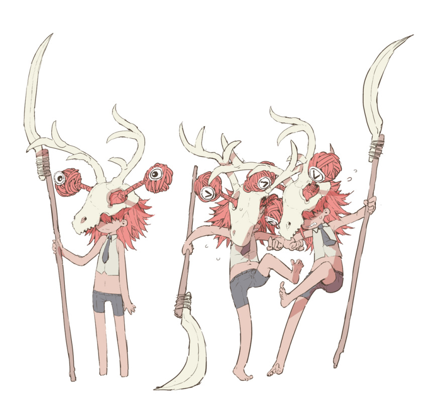 3boys 999knight animal_skull antlers arm_at_side bare_arms bare_legs bare_shoulders barefoot black_necktie black_shorts brothers cervid_skull clenched_teeth collared_shirt commentary_request covered_eyes double_bun extra_eyes fighting flying_sweatdrops hair_bun hair_over_eyes hair_through_headwear holding holding_polearm holding_weapon horns kicking male_focus medium_hair midriff multiple_boys navel necktie outstretched_arms park_ssi-yu_daegi polearm red_hair shirt shorts siblings sleeveless sleeveless_shirt soles standing standing_on_one_leg sweat teeth weapon weapon_request