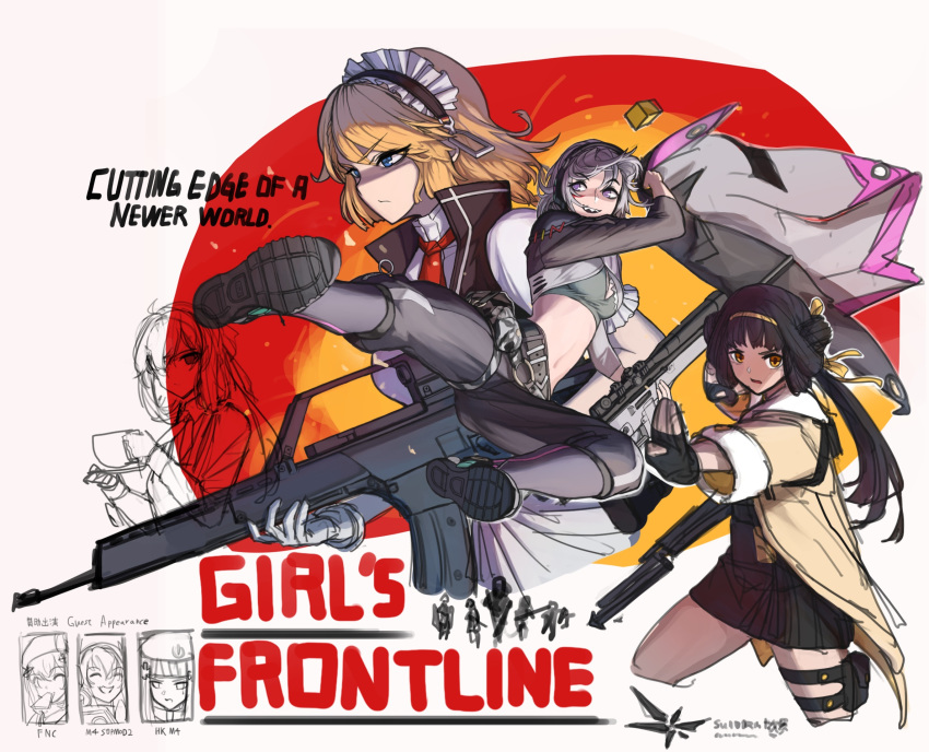 6+girls assault_rifle banana_(girls'_frontline) beret black_hair blunt_bangs breasts character_name cheogtanbyeong chocolate closed_eyes closed_mouth commentary_request copyright_name cropped_legs cropped_torso cube cup eating english_text facial_mark fighting_stance fnc_(girls'_frontline) food_in_mouth from_side full_body g36_(girls'_frontline) girls'_frontline gun h&k_g36 h&k_sl8 hair_between_eyes hair_ornament hairband handheld_game_console happy hat headgear highres hk416_(girls'_frontline) holding holding_cup holding_gun holding_weapon jacket korean_commentary kung_fu lightning_bolt_symbol long_hair long_sleeves looking_at_viewer looking_to_the_side m4_sopmod_ii_(girls'_frontline) maid maid_headdress movie_poster multiple_girls nintendo_ds nintendo_switch non-humanoid_robot one_eye_closed open_mouth parody ponytail qbu-88 qbu-88_(girls'_frontline) red_dead_redemption rifle robot serious sharp_teeth silhouette sl8_(girls'_frontline) smile springfield_(girls'_frontline) teardrop teeth unworn_jacket upper_teeth_only weapon yellow_hairband