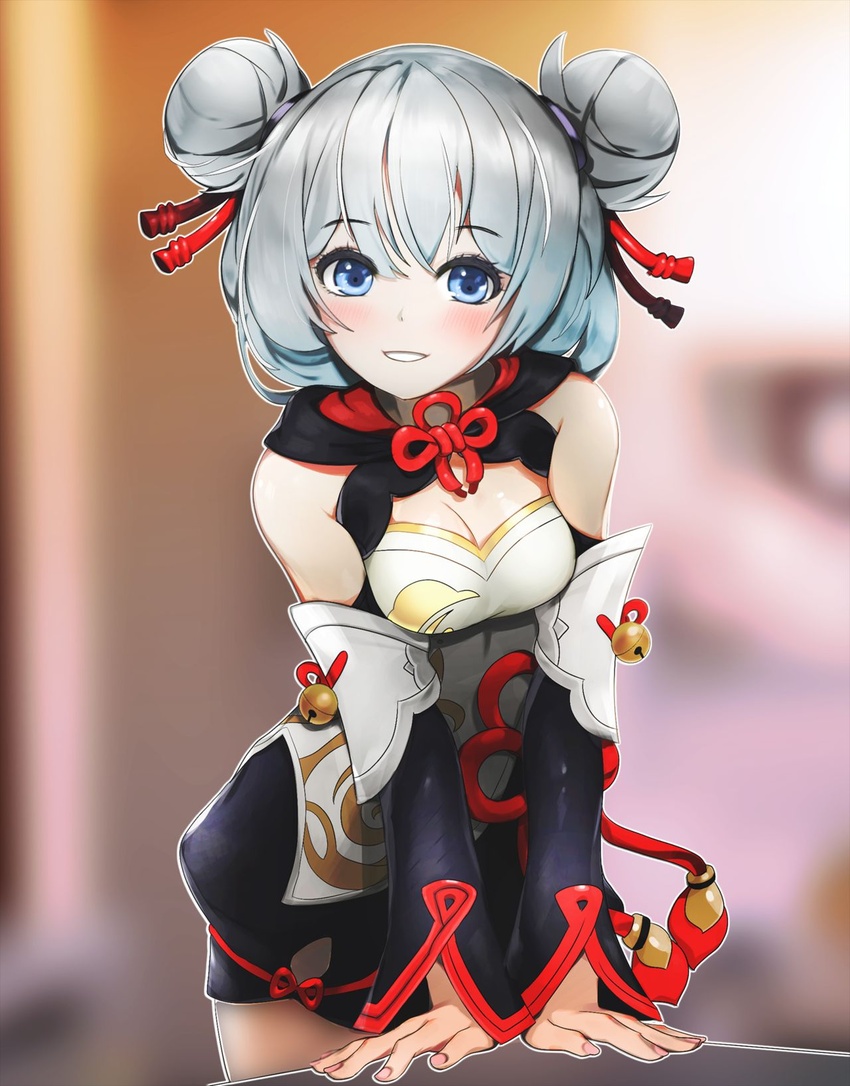 bad_id bad_pixiv_id bare_shoulders blue_eyes blurry blurry_background blush breasts chinese_clothes cleavage double_bun female gimnang grin hair_between_eyes hair_bun hair_ornament highres honkai_(series) honkai_impact_3rd looking_at_viewer small_breasts smile solo table theresa_apocalypse theresa_apocalypse_(valkyrie_pledge) white_hair