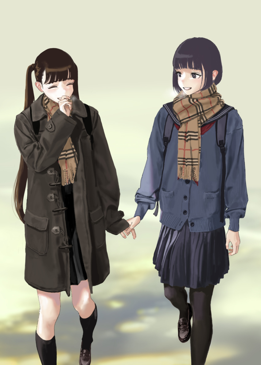 2girls absurdres bad_id bad_pixiv_id black_coat black_footwear black_hair black_legwear black_skirt blue_coat blunt_bangs brown_scarf closed_eyes coat commentary_request highres hiramedousa holding_hands long_hair long_sleeves mask mouth_mask multiple_girls original pantyhose plaid plaid_scarf pleated_skirt scarf school_uniform shoes skirt socks twintails very_long_hair white_mask yuri