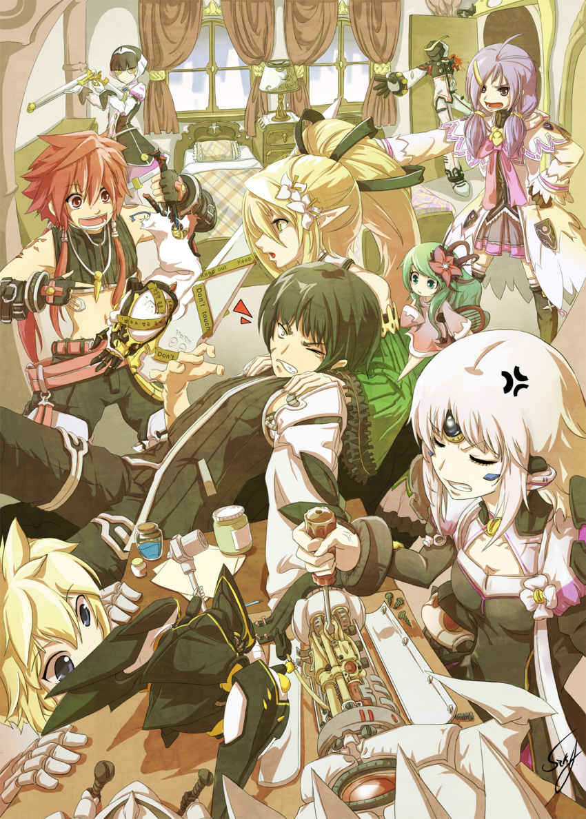 3boys 4girls :d :o airelinna_(elsword) aisha_landar anger_vein antenna_hair bare_shoulders bed black_gloves black_hair black_legwear black_pants black_shirt blade_master_(elsword) blonde_hair blue_eyes bottle chung_seiker clenched_teeth closed_eyes code:_nemesis_(elsword) commentary_request crop_top curtains detached_sleeves disembodied_hand drawer dress drone elemental_master_(elsword) elf elsword elsword_(character) eve_(elsword) facial_mark fairy fingerless_gloves flask flower forehead_jewel frills gauntlets gloves green_hair gun hair_flower hair_ornament hair_over_shoulder hairclip hand_on_own_hip hands_on_another's_shoulders highres holding holding_gun holding_weapon indoors lamp long_hair long_sleeves low_twintails lying mechanical_arms miniskirt moby_(elsword) multiple_boys multiple_girls oberon_(elsword) one_eye_closed open_mouth ophelia_(elsword) outstretched_arm pants paper photoshop_(medium) pillow pleated_skirt pointing pointy_ears ponytail profile raven_cronwell red_eyes red_hair rena_erindel robe robot rune_slayer_(elsword) screwdriver servati shirt short_hair shotgun sidelocks signature single_mechanical_arm sitting skirt smile standing striped_clothes striped_shirt table teeth thighhighs twintails vertical_stripes weapon white_hair wide_sleeves wind_sneaker_(elsword) window wire yellow_eyes zettai_ryouiki