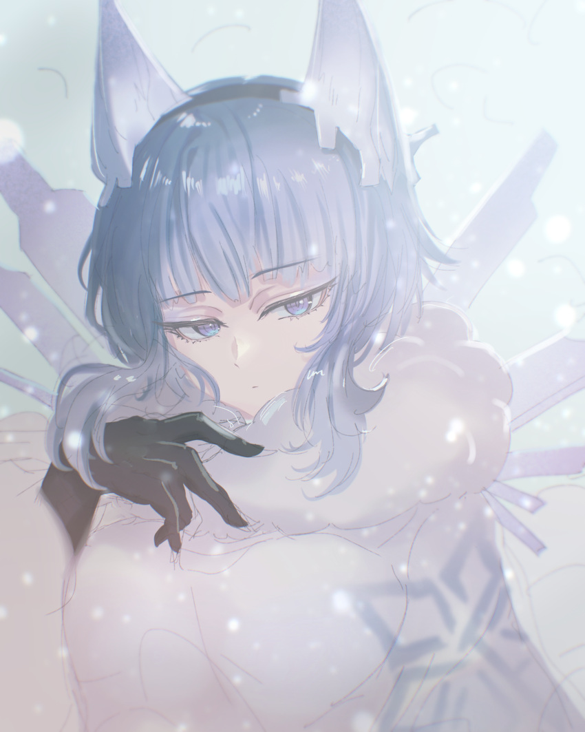 black_gloves blue_eyes blue_hair cape capelet expressionless feh_xeri female fire_emblem fire_emblem_heroes fur_trim gloves hair_ornament highres nifl_(fire_emblem) short_hair snow solo upper_body