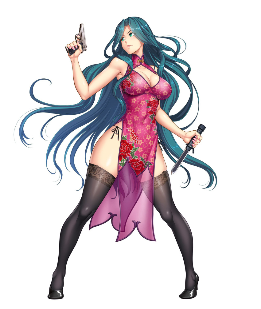 black_footwear black_thighhighs breasts china_dress chinese_clothes cleavage cleavage_cutout clothing_cutout collarbone combat_knife dress female fighting_stance floral_print green_eyes green_hair gun handgun high_heels highleg highleg_dress highres holding holding_gun holding_knife holding_weapon knife large_breasts long_hair looking_to_the_side makishima_ayame official_art panties pink_nails see-through side-tie_panties simple_background sleeveless sleeveless_dress solo spread_legs standing taimanin_(series) taimanin_kurenai taimanin_rpgx thighhighs underwear walther walther_ppk weapon white_background zol