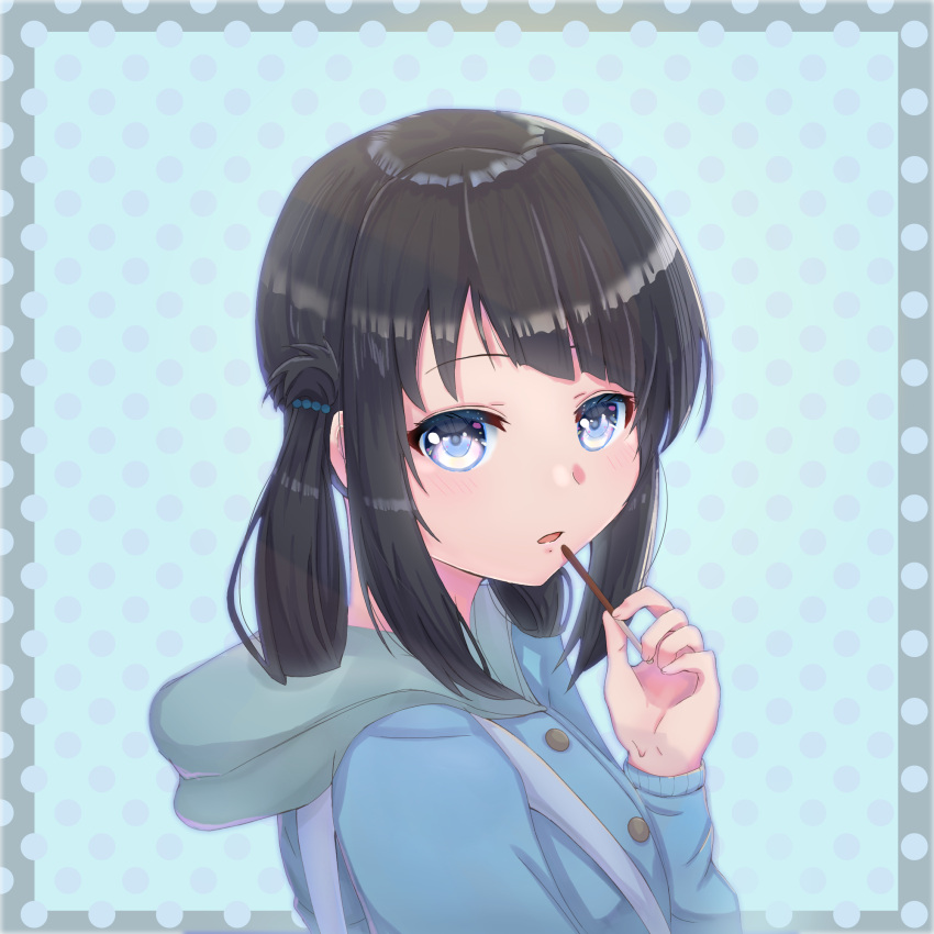 black_hair blue_eyes blue_sweater english_commentary female folded_hair food hair_rings highres hood hooded_sweater hoodie long_hair looking_at_viewer mantenz nagi_no_asukara pocky polka_dot polka_dot_background shiodome_miuna solo sweater twintails upper_body