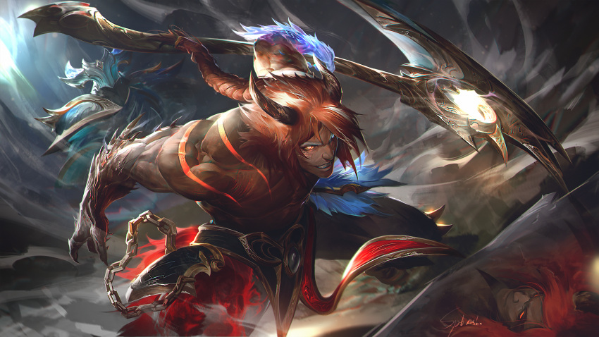 2boys absurdres armor artist_name braid chains different_reflection glowing glowing_eyes grin helm helmet heterochromia highres holding holding_scythe holding_weapon horns kayn_(league_of_legends) league_of_legends leaning_forward long_hair male_focus multicolored_hair multiple_boys nightbringer_kayn red_eyes red_hair reflection scythe single_braid smile solo_focus teeth topless_male two-tone_hair weapon white_hair wutu_(1183238220)