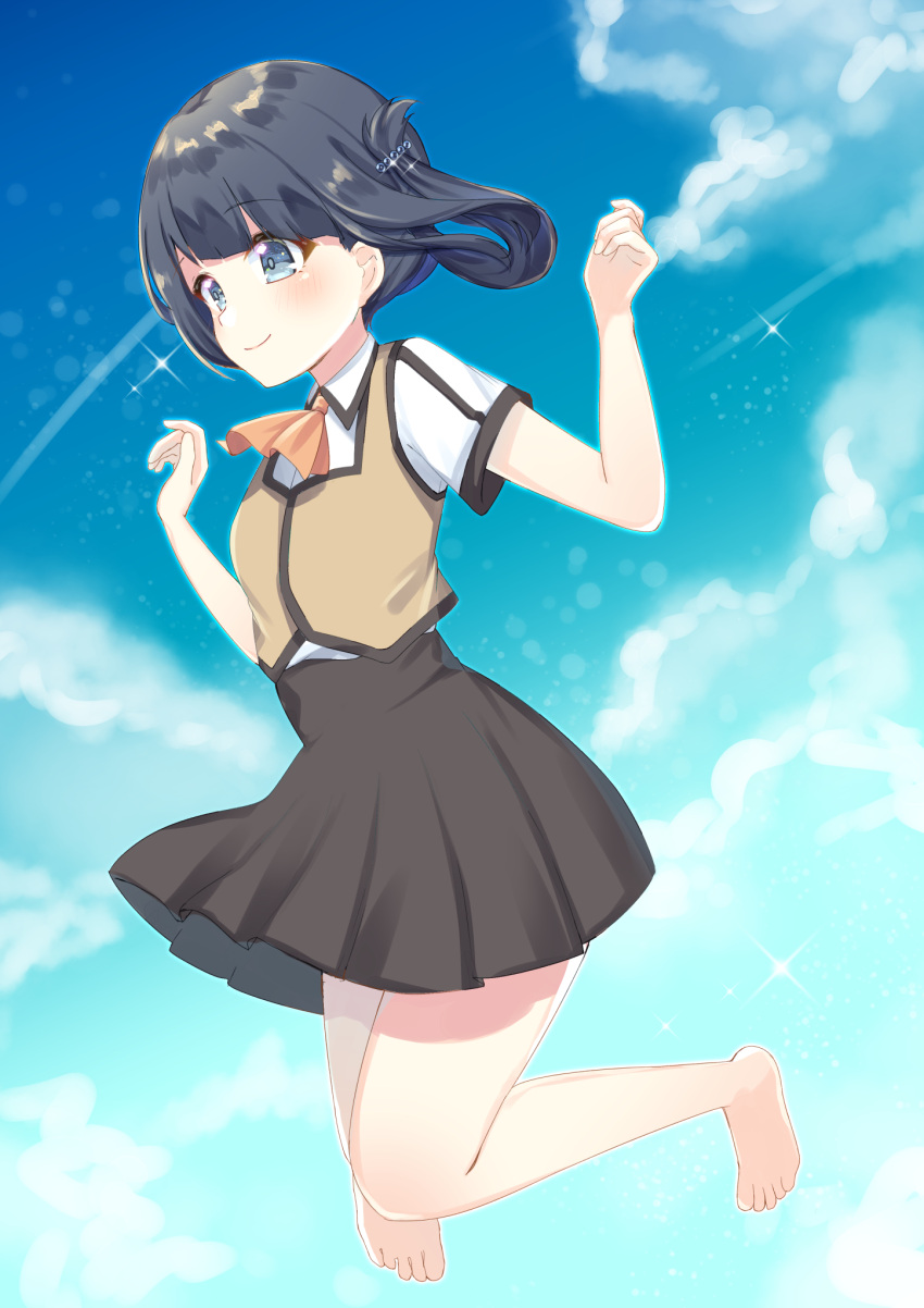 ascot barefoot black_hair blue_eyes blue_sky brown_skirt brown_vest cloud commentary_request dress_shirt female folded_hair hair_rings highres jumping long_hair midair mihama_junior_high_school_uniform nagi_no_asukara orange_ascot school_uniform shiodome_miuna shirt short_sleeves skirt sky solo suzu_(minagi) twintails vest white_shirt