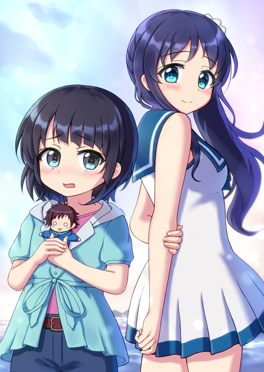 2girls back-to-back black_hair blue_eyes blue_hair blue_sailor_collar character_doll commentary_request cowboy_shot doll dress from_behind height_difference highres hiradaira_chisaki hood hooded_shirt hoodie lilium443 looking_at_viewer multiple_girls nagi_no_asukara nami_junior_high_school_uniform sailor_collar sakishima_hikari school_uniform serafuku shiodome_miuna short_hair side_ponytail sleeveless sleeveless_dress white_dress