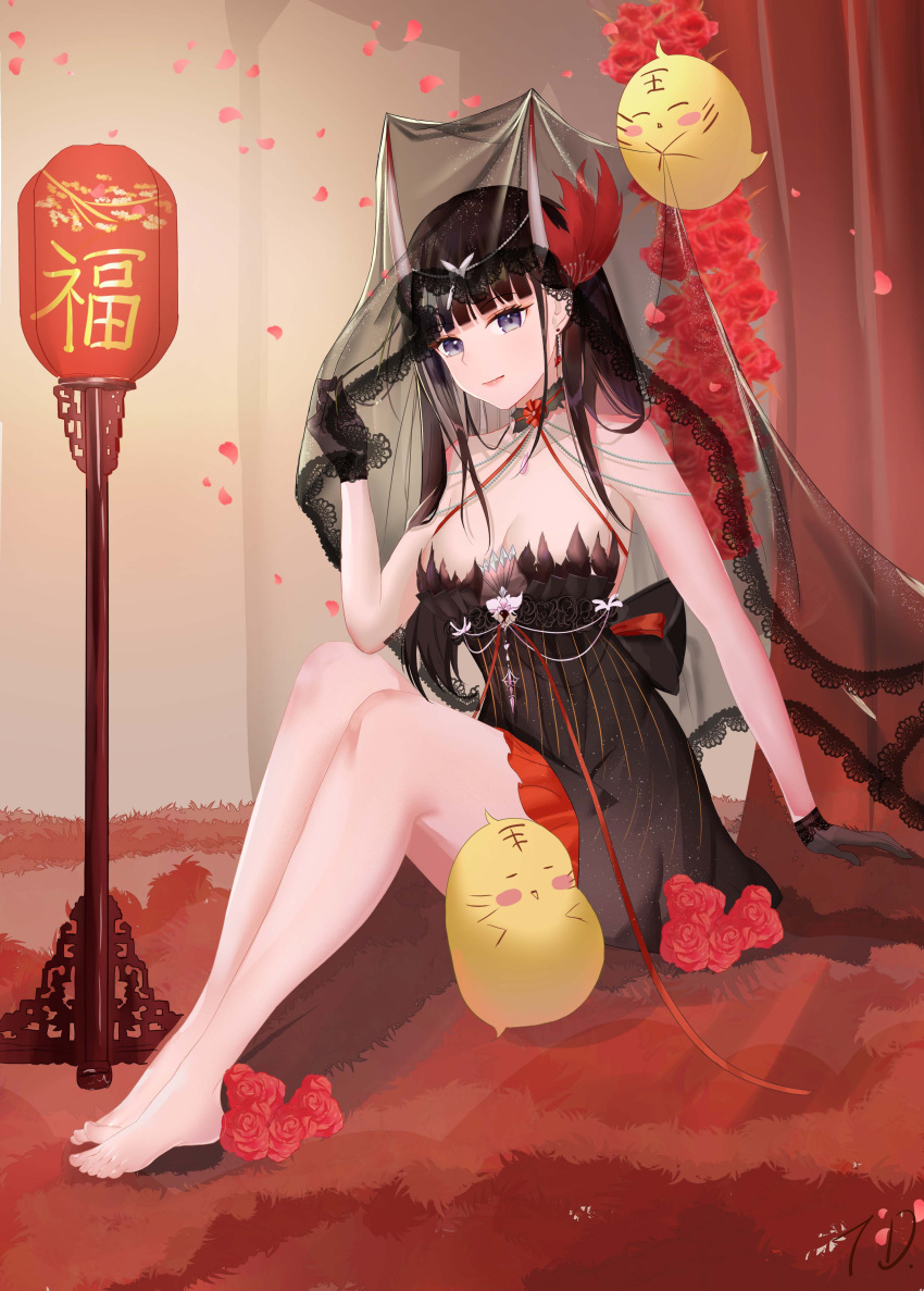 absurdres azur_lane barefoot black_dress black_gloves black_hair black_veil breasts collar dress earrings feather_hair_ornament feathers feet female flower frilled_collar frills full_body gloves hair_ornament highres horns jewelry lace-trimmed_veil lace_trim long_hair looking_at_viewer manjuu_(azur_lane) medium_breasts nanoda002_(saber427) nontraditional_wedding_dress noshiro_(a_tale_of_two_lovers)_(azur_lane) noshiro_(azur_lane) official_alternate_costume oni_horns purple_eyes red_flower short_dress sitting sleeveless sleeveless_dress veil