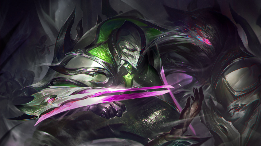 1boy absurdres armor black_gloves black_sclera blade colored_sclera debonair_zed gloves helm helmet highres league_of_legends long_sleeves male_focus pants purple_eyes shadow solo_focus wutu_(1183238220) zed_(league_of_legends)