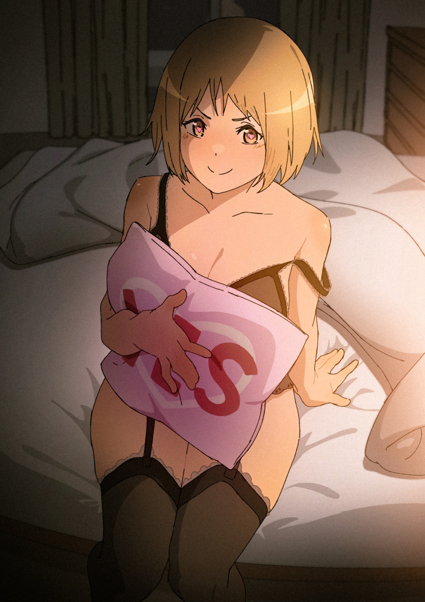 arm_behind_back bed bedroom blanket blonde_hair breasts brown_eyes chest_of_drawers cleavage closed_mouth collarbone commission commissioner_upload curtains female from_above garter_straps girls'_frontline heart heart_in_eye highres holding holding_pillow lingerie looking_at_viewer medium_breasts mp40_(girls'_frontline) non-web_source off_shoulder pillow pixiv_commission short_hair smile solo symbol_in_eye thighhighs thighs triangle_bullet underwear yes yes-no_pillow