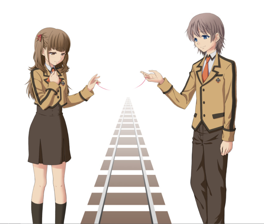 1boy black_socks blazer blue_eyes brown_eyes brown_hair brown_jacket brown_pants brown_skirt commentary_request feet_out_of_frame female half_updo hisanuma_sayu isaki_kaname jacket kneehighs mihama_junior_high_school_uniform nagi_no_asukara necktie noke_(pixiv67517151) orange_necktie pants pleated_skirt railroad_tracks school_uniform simple_background skirt socks string string_of_fate white_background