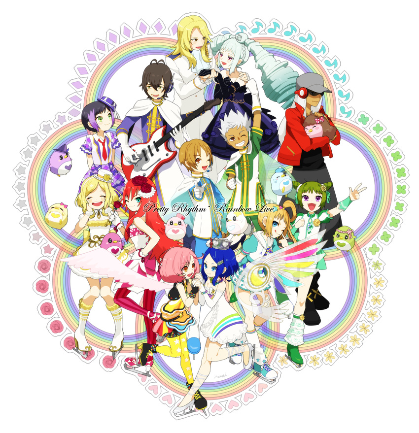 5boys 6+girls amou_june asymmetrical_hair ayase_naru bird black_hair blonde_hair blue_eyes blue_hair brown_eyes brown_hair commentary_request cone_hair_bun crown curly_hair double_bun dress drill_hair elbow_gloves ethini_(pretty_rhythm) femini_(pretty_rhythm) flower fukuhara_ann gloves green_eyes green_hair grey_hair hair_bun hat hayami_hiro heart highres himuro_hijiri kurokawa_rei kurun_(pretty_rhythm) long_hair lovelyn mihama_kouji momo_(pretty_rhythm) morizono_wakana multicolored_hair multiple_boys multiple_girls nishina_kazuki pink_hair poppun_(pretty_rhythm) pretty_rhythm pretty_rhythm_rainbow_live pretty_series purple_eyes purple_hair red_hair renjouji_beru rinne_(pretty_rhythm) rose sessny_(pretty_rhythm) short_hair side_ponytail smile starn_(pretty_rhythm) suzuno_ito takanashi_otoha tamamochi twin_drills twintails very_long_hair white_hair yellow_eyes