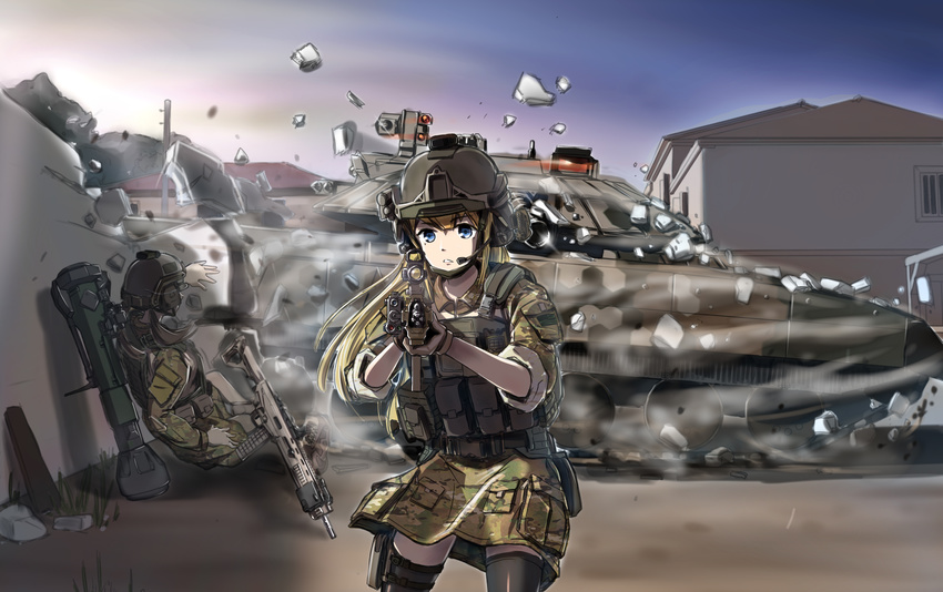 2girls absurdres adapted_uniform arma_(series) arma_3 assault_rifle bad_id bad_pixiv_id battle black_legwear blonde_hair blue_eyes brown_hair camouflage camouflage_dress caterpillar_tracks commentary destruction dress gun headset helmet highres house load_bearing_vest long_hair military military_uniform military_vehicle motor_vehicle multiple_girls mx_series_rifle nlaw photoshop_(medium) rifle skirt soldier surprised t-100_varsuk tank tanto_(tc1995) thighhighs town twilight twintails uniform wall war weapon woodland_camouflage zettai_ryouiki