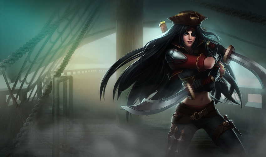 bilgewater_katarina black_hair blue_eyes bracelet cutlass dual_wielding eyepatch female gloves hat holding jewelry katarina_(league_of_legends) knife league_of_legends lipstick long_hair makeup mast midriff navel official_art pants photoshop_(medium) pirate sail sailing_ship ship shroud_(sailing) solo spiked_bracelet spikes thigh_strap throwing_knife tight_clothes tight_pants tricorne watercraft weapon