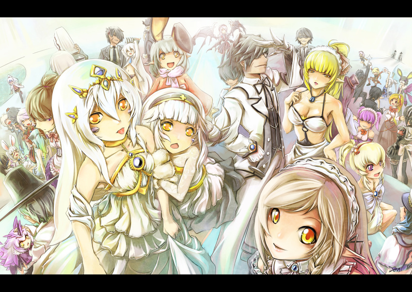 6+boys 6+girls :d :p aisha_landar alternate_costume animal_ears ariel_(elsword) armpits bare_shoulders black_hair blonde_hair blunt_bangs breasts brooch brown_eyes brown_hair camilla_(elsword) chloe_(elsword) cleavage closed_mouth collarbone commentary_request dress elf elsword enmaided eve_(elsword) everyone facial_mark formal frilled_dress frills glasses green_hair group_picture hair_between_eyes hair_ornament hairband hand_on_own_hip hand_up hat highres horns hug jewelry large_breasts letterboxed long_hair looking_at_another looking_at_viewer maid maid_headdress mechanical_arms multiple_boys multiple_girls multiple_persona necklace necktie open_mouth photoshop_(medium) pointing pointing_up pointy_ears ponytail purple_eyes purple_hair rabbit_ears raven_cronwell rena_erindel revealing_clothes ribbon scarf servati shawl shirt short_hair sidelocks single_mechanical_arm smile tongue tongue_out top_hat tuxedo twintails very_long_hair white_dress white_hair white_ribbon white_shirt wing_collar wings yellow_eyes