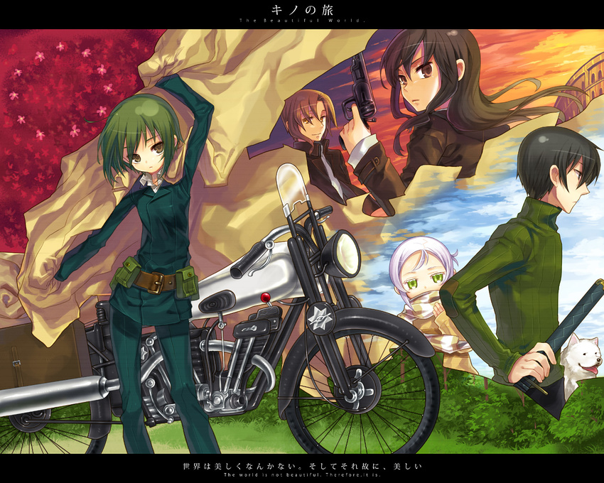 animal black_hair brown_eyes brown_hair canine green_eyes green_hair group gun hermes kino kino_no_tabi long_hair master_(kino_no_tabi) motorcycle pink_hair renta riku_(kino_no_tabi) shizu_(kino_no_tabi) short_hair student_(kino_no_tabi) sword tea_(kino_no_tabi) uniform weapon