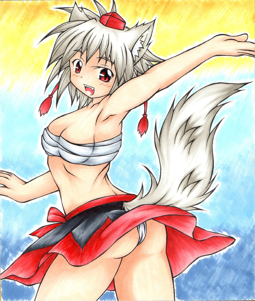 absurdres animal_ears armpits bare_shoulders blush breasts commentary_request female grey_hair happy hat highres inte_(whitewolftail) inubashiri_momiji looking_at_viewer medium_breasts oerba_yun_fang panties red_eyes sarashi short_hair solo tail tokin_hat touhou underwear wolf_ears wolf_tail