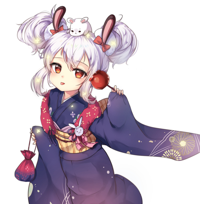 animal animal_ears animal_on_head azur_lane blue_kimono bow candy_apple closed_mouth commentary double_bun echu female fingernails floral_print food hair_between_eyes hair_bun hair_ornament hairbow highres holding holding_food japanese_clothes kimono kinchaku korean_commentary laffey_(azur_lane) laffey_(snow_rabbit_and_candy_apple)_(azur_lane) long_sleeves obi official_alternate_costume on_head photoshop_(medium) pinching_sleeves pouch print_kimono rabbit_ears red_bow red_eyes sash sidelocks simple_background sleeves_past_wrists solo tongue tongue_out white_background white_hair wide_sleeves