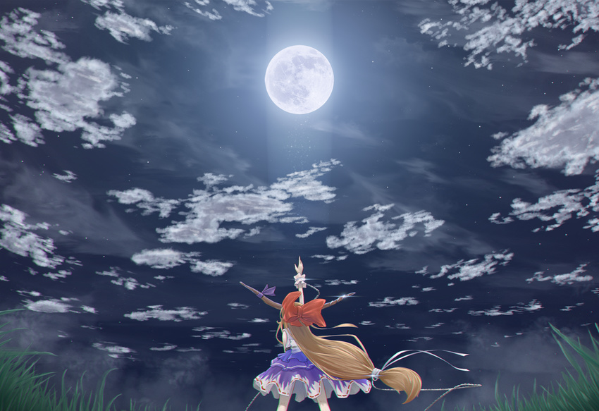 arm_up blue_skirt bow brown_hair cloud cloudy_sky commentary_request cowboy_shot female from_behind full_moon hairbow horn_ornament horn_ribbon horns ibuki_suika layered_skirt long_hair low-tied_long_hair moon moonlight night night_sky outdoors outstretched_arm red_bow ribbon shirt skirt sky sleeveless sleeveless_shirt solo touhou tsukidaruma very_long_hair white_shirt