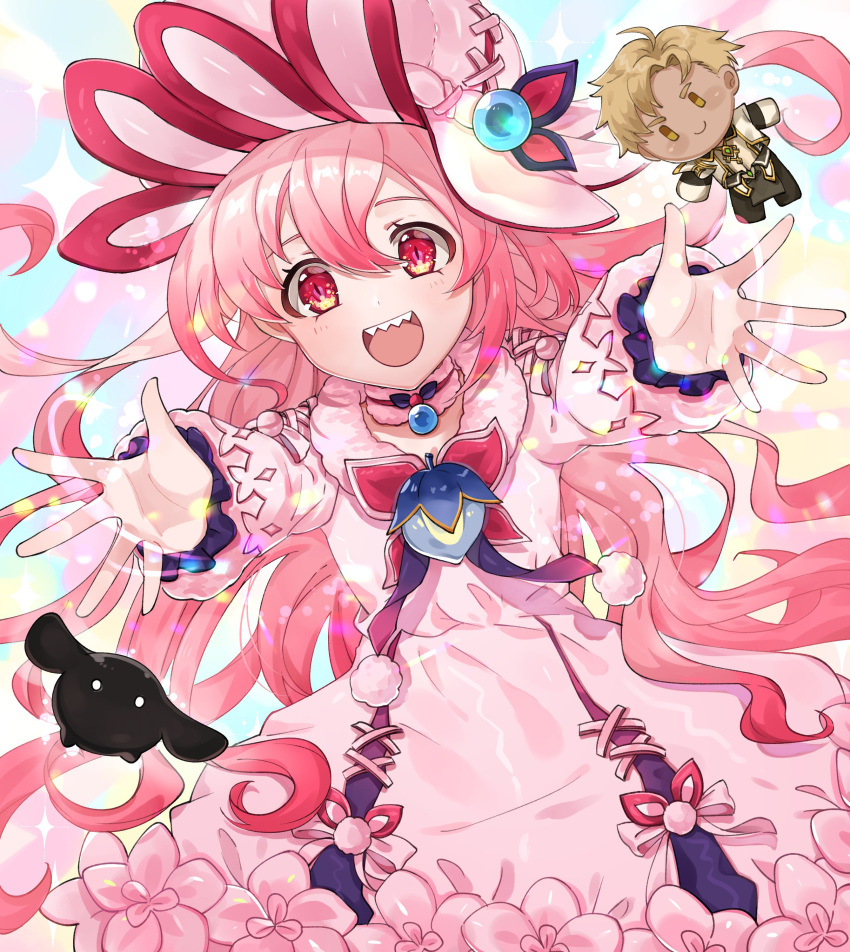 absurdres animal bad_id bad_twitter_id blonde_hair blush bow doll dress elsword eyebrows_hidden_by_hair female flower fluffy frills gaia_(elsword) gyoju_(only_arme_nim) hair_between_eyes hat highres incoming_hug laby_(elsword) light_blush long_hair long_sleeves looking_at_viewer open_mouth pink_bow pink_dress pink_hair red_eyes sharp_teeth shining_romantica_(elsword) slit_pupils smile solo sparkle stuffed_toy teeth tongue very_long_hair wavy_hair