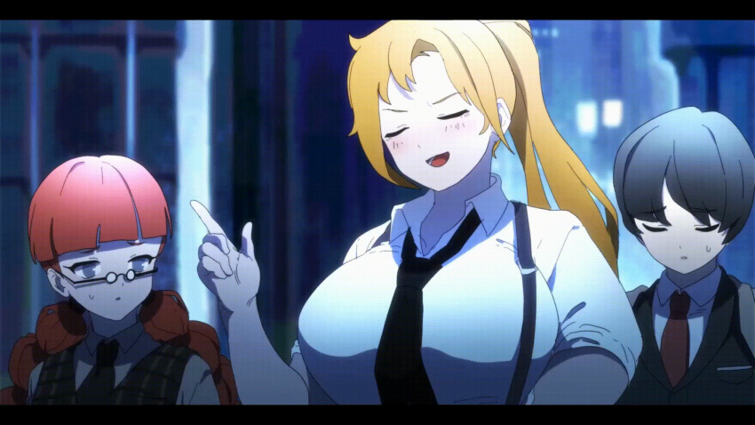 1.view_the_full_image_so_the_gif_plays_lol 1boy 2girls animated big_breasts black_hair blonde_hair blue_eyes clothing jiggle jiggling_breasts library_of_ruina long_hair mika_(library_of_ruina) office_clothing office_lady olga_(library_of_ruina) ponytail project_moon rain_(library_of_ruina) red_hair rolled_up_sleeves shaking short_hair standing twintails walking