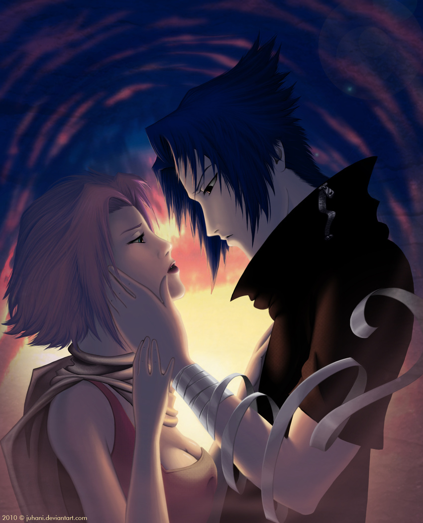 1boy 2010 black_hair breasts cleavage deviantart_username female highres juhani medium_breasts naruto naruto_(series) ninja photoshop_(medium) pink_hair sakura_haruno straight uchiha_sasuke watermark web_address