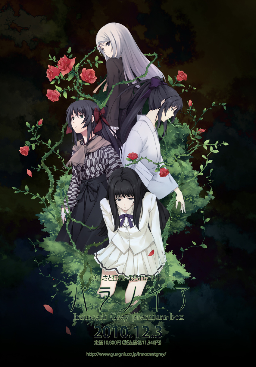 4girls absurdres black_hair cartagra flower grey_hair hakama hakama_skirt highres japanese_clothes kara_no_shoujo kimono kouzuki_kazuna kouzuki_yura kuchiki_touko meiji_schoolgirl_uniform mikanagi_kuon multiple_girls petals plant ponytail pp:_pianissimo red_flower red_rose rose school_uniform siblings sisters skirt sugina_miki thorns twins vines yagasuri