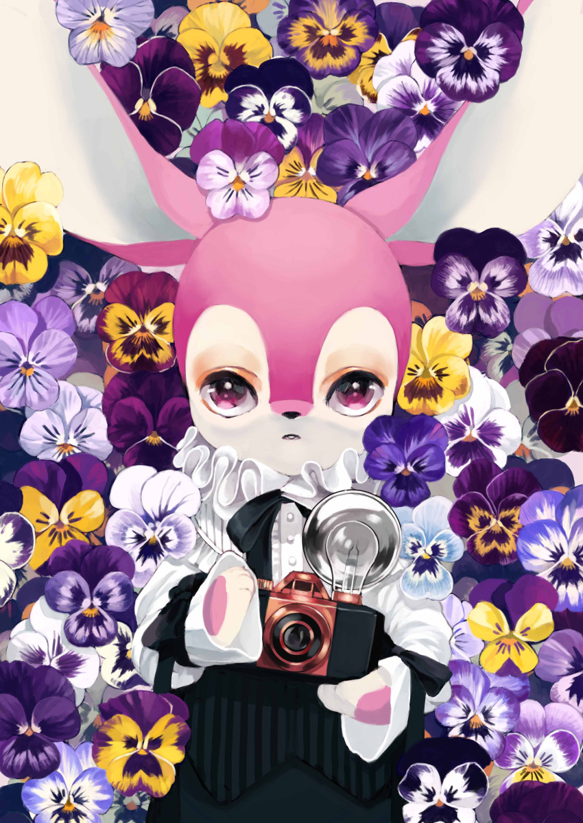 absurdres animal_ears animal_hands animal_nose antique_camera black_ribbon black_skirt blue_flower brown_flower buttons camera commentary female field flat_chest flower flower_field from_above furry furry_female hands_up highres holding holding_camera jpeg_artifacts light_bulb long_sleeves looking_at_viewer lying mayumochini multicolored_flower neck_ribbon neck_ruff on_back on_ground open_mouth original pansy pink_eyes pink_flower pink_fur purple_flower ribbon shirt skirt snout solo straight-on suspender_skirt suspenders suspenders_slip too_many too_many_flowers two-tone_fur upper_body violet_(flower) white_flower white_fur white_shirt yellow_flower