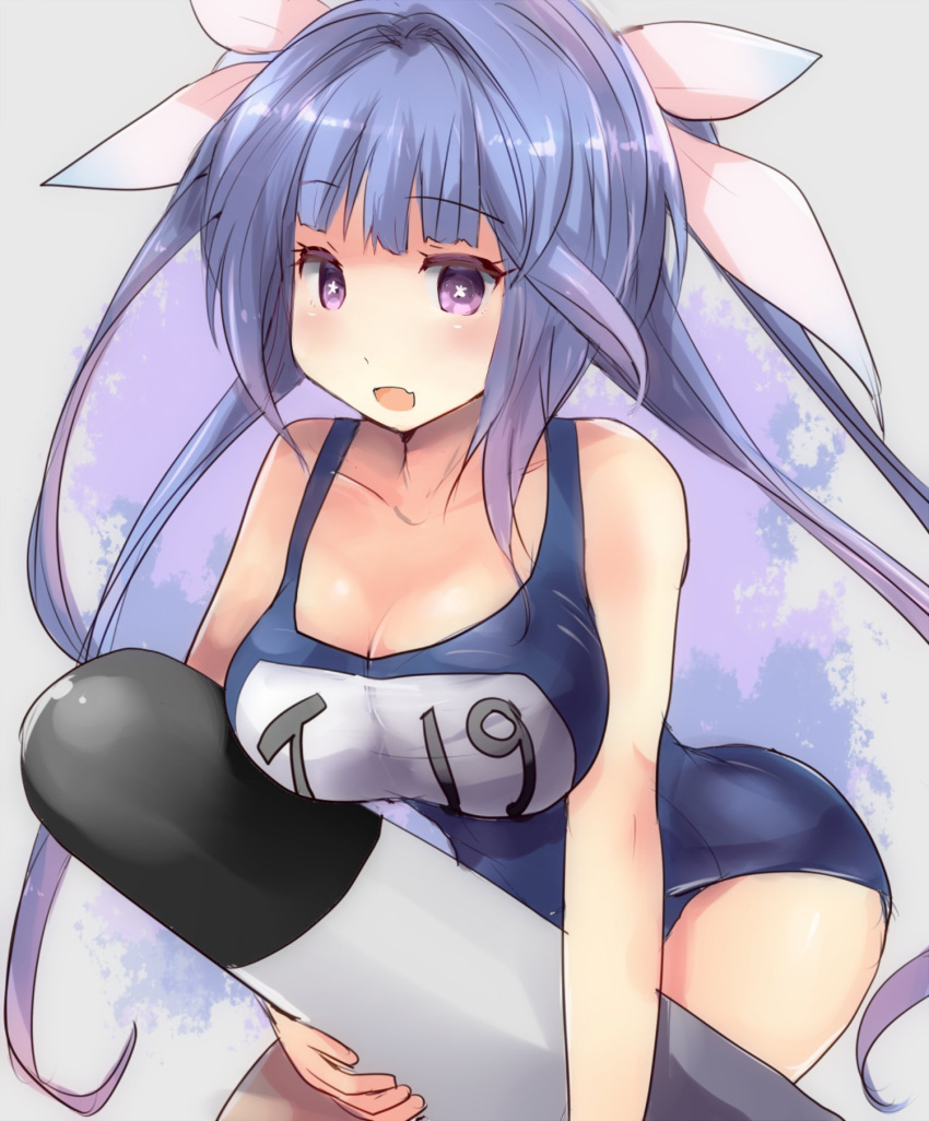 blue_background blue_hair breasts cleavage collarbone female flower-shaped_pupils gradient_background grey_background hair_ribbon highres hirune_(konekonelkk) holding holding_torpedo i-19_(kancolle) kantai_collection large_breasts long_hair looking_at_viewer name_tag one-piece_swimsuit red_eyes ribbon school_swimsuit solo swimsuit symbol-shaped_pupils torpedo tri_tails