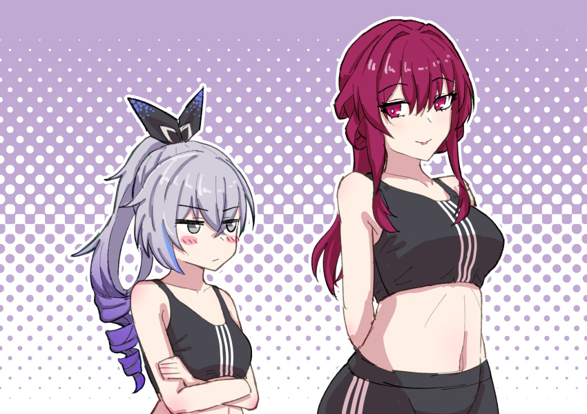 2girls bare_shoulders black_sports_bra breast_envy breasts cheria commentary crop_top crossed_arms drill_hair grey_eyes grey_hair highres honkai:_star_rail honkai_(series) jitome kafka_(honkai:_star_rail) large_breasts long_hair medium_support_(meme) meme midriff multiple_girls navel ponytail purple_background purple_eyes purple_hair sidelocks silver_wolf_(honkai:_star_rail) small_breasts sports_bra stomach striped striped_sports_bra upper_body vertical-striped_sports_bra