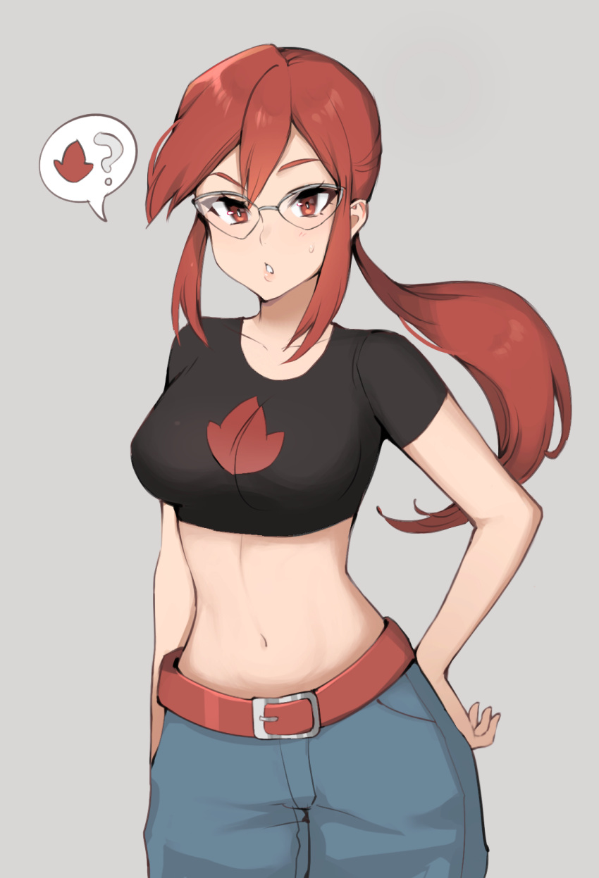 baggy_pants belt black_shirt blue_pants breasts commentary cosplay cowboy_shot crop_top cropped_shirt denim english_commentary female flannery_(pokemon) flannery_(pokemon)_(cosplay) glasses grey_background hand_on_own_hip highres lorelei_(pokemon) medium_breasts midriff milka_(milk4ppl) navel pants parted_lips pokemon pokemon_frlg pokemon_rse ponytail red_eyes red_hair shirt short_sleeves sidelocks simple_background solo speech_bubble spoken_object stomach sweatdrop