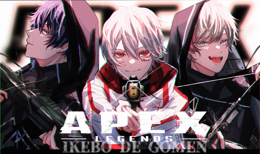 3boys aiming aiming_at_viewer apex_legends b3_wingman barcode barcode_tattoo blue_eyes blue_hair bobsappaim bow_(weapon) facial_tattoo gradient_hair gun hair_between_eyes handgun highres holding holding_bow_(weapon) holding_gun holding_weapon hood hood_up indie_utaite jacket m1904_mastiff mafumafu male_focus multicolored_hair multiple_boys oerba_yun_fang open_mouth original parted_lips pink_hair protected_link red_eyes revolver shotgun sirorui. smile soraru tattoo utaite weapon white_hair white_jacket