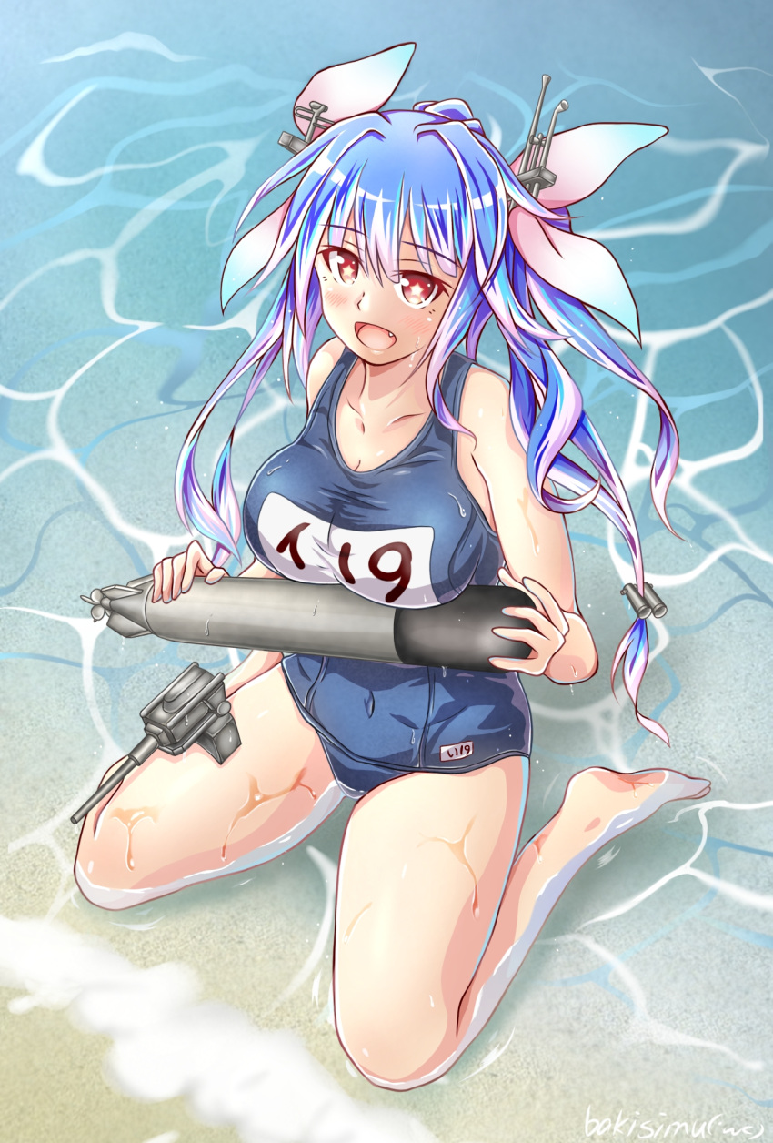 beach blue_hair breasts character_name day female flower-shaped_pupils from_above hair_between_eyes hair_ribbon highres holding holding_torpedo i-19_(kancolle) kantai_collection koutetunamekuji large_breasts long_hair looking_at_viewer looking_up name_tag ocean one-piece_swimsuit open_mouth outdoors red_eyes ribbon sand school_swimsuit sitting solo swimsuit symbol-shaped_pupils torpedo tri_tails water