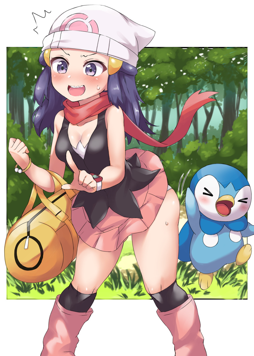 bag black_shirt black_socks blush boots bracelet breasts cleavage commentary_request dawn_(pokemon) duffel_bag female floating_scarf hair_ornament hairclip highres jewelry kneehighs knees long_hair open_mouth outdoors penguin_maru_(penginmaru) pink_footwear pink_skirt piplup pokemon pokemon_(creature) pokemon_dppt red_scarf scarf shirt skirt sleeveless sleeveless_shirt socks sweat sweatdrop teeth tongue upper_teeth_only yellow_bag