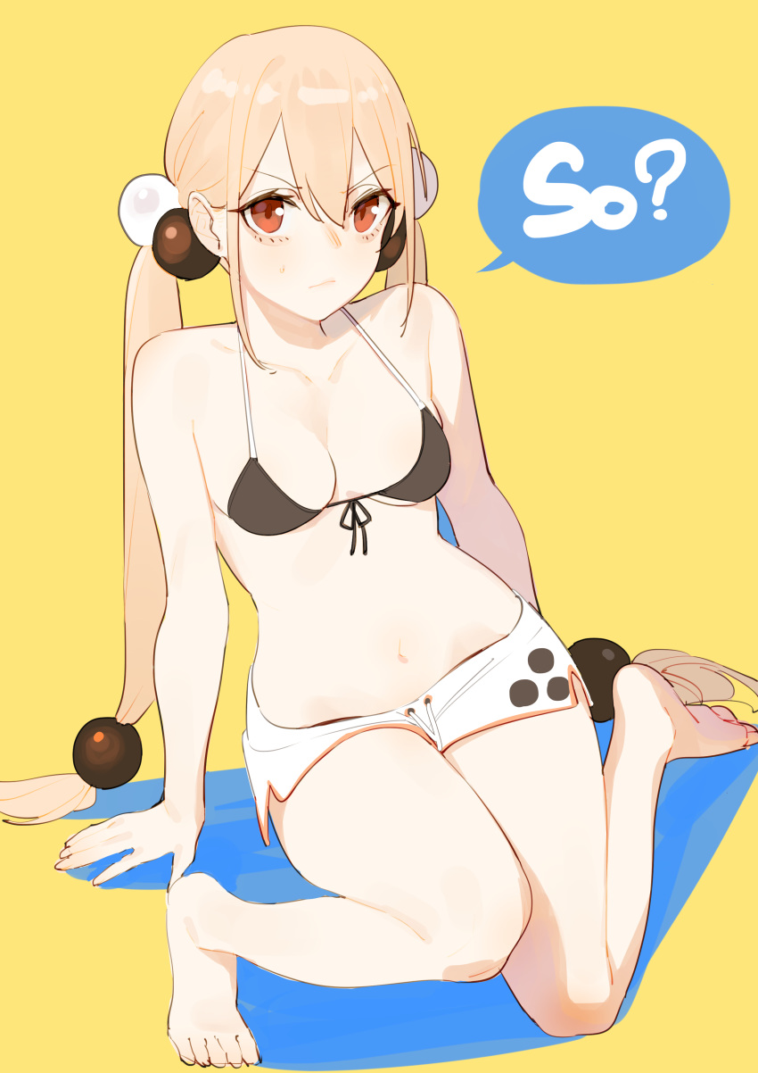 absurdres barefoot beijuu bikini bikini_top_only black_bikini blonde_hair breasts cleavage dolphin_shorts female front-tie_bikini_top front-tie_top hair_between_eyes hair_bobbles hair_ornament highres long_hair navel red_eyes short_shorts shorts sitting small_breasts solo speech_bubble sweatdrop swimsuit twintails very_long_hair wariza xiaoyuan_(you_can_eat_the_girl) you_can_eat_the_girl